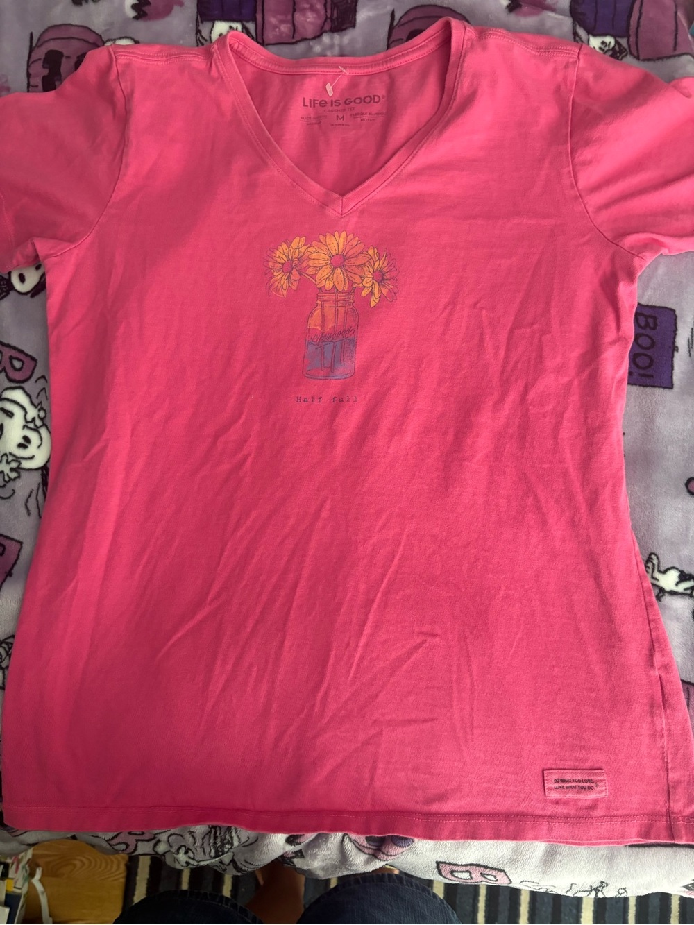 Life Is Good Hot Pink V‑Neck Tee with Daisy Jar Graphic